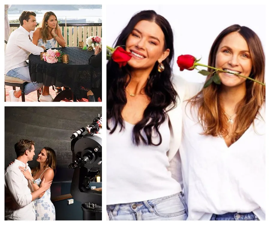 Collage of people on a date, embracing near a telescope, and smiling with roses in their teeth.