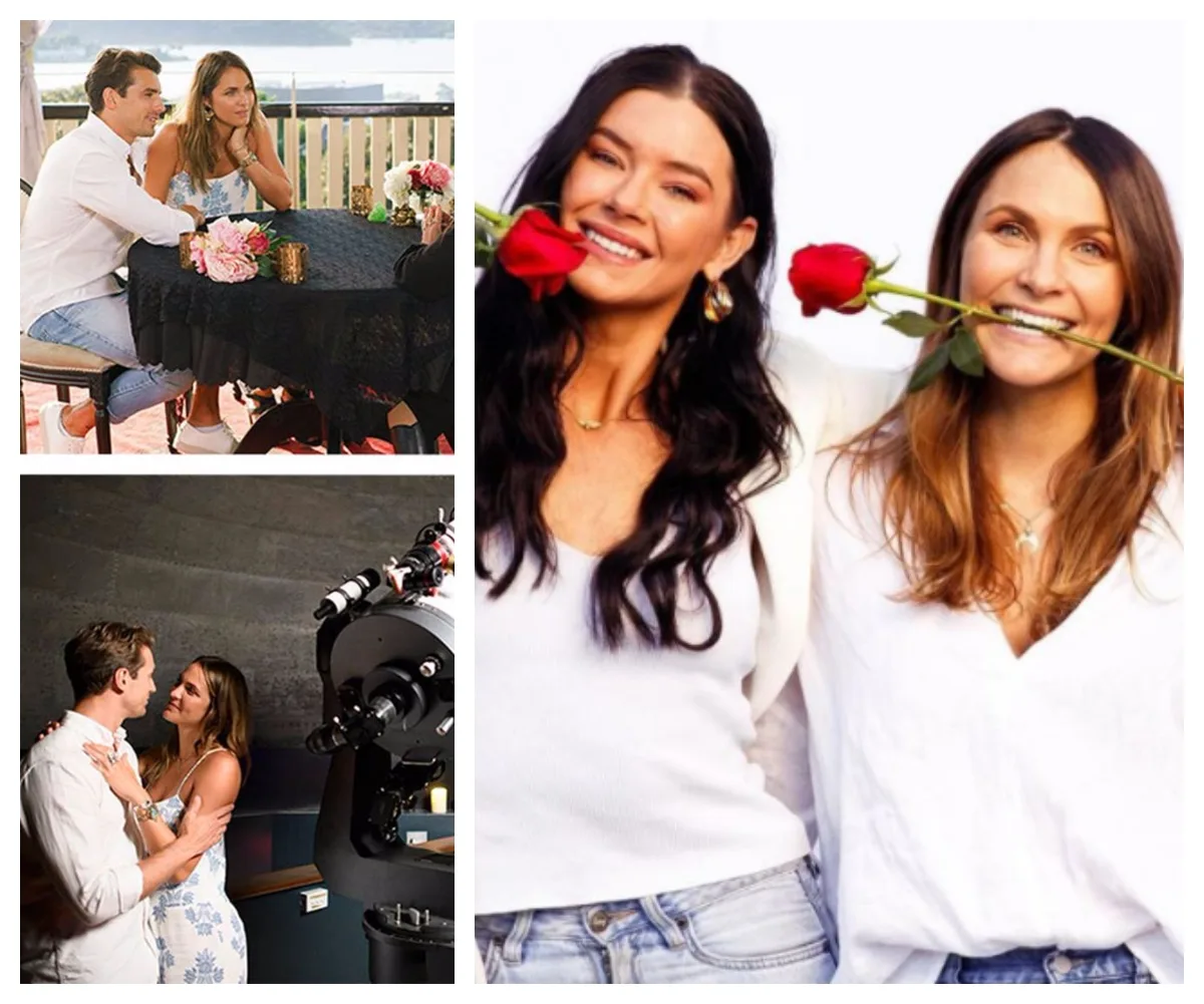 Collage of people on a date, embracing near a telescope, and smiling with roses in their teeth.