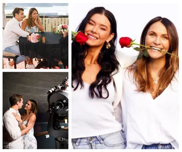 Collage of people on a date, embracing near a telescope, and smiling with roses in their teeth.