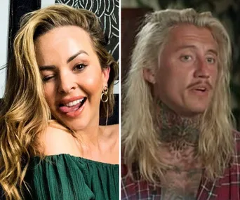 Angie Kent making a playful face next to Ciarran Stott with blonde hair and tattoos.