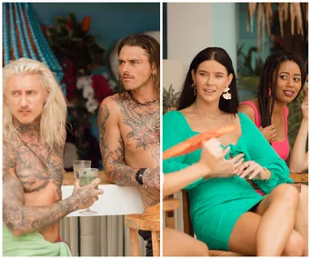 Shirtless tattooed men and women with drinks in casual beach setting, appearing in conversation.