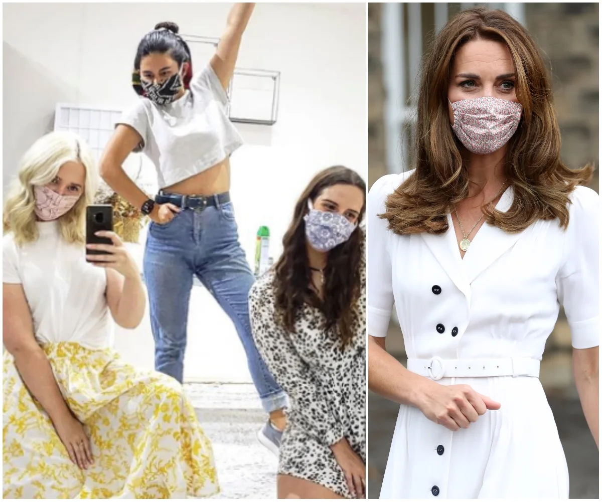 Three women in masks, having fun indoors. Another woman outdoors in a white dress wearing a patterned mask.