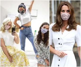 Three women in masks, having fun indoors. Another woman outdoors in a white dress wearing a patterned mask.