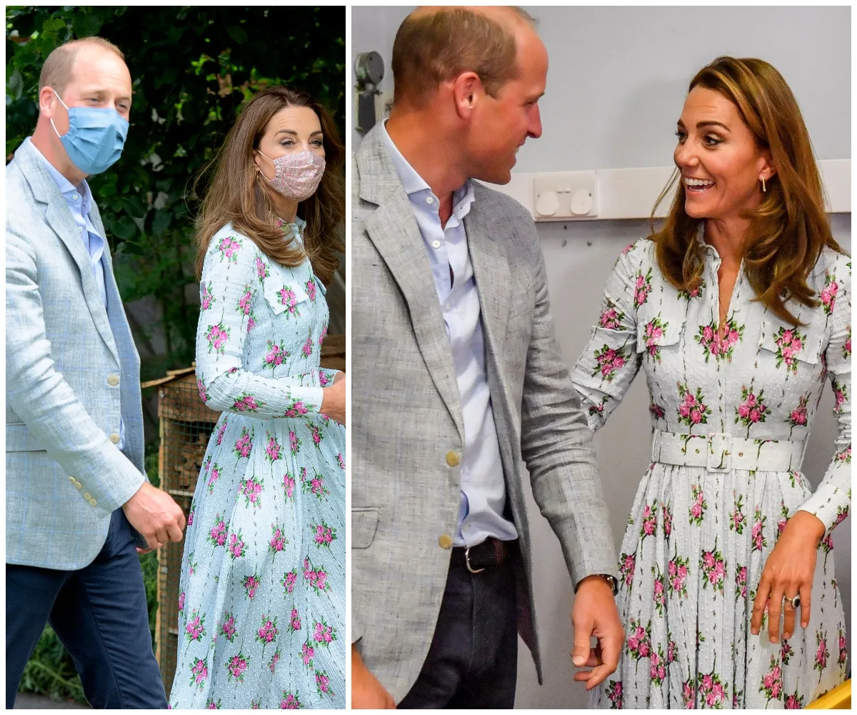 Prince William and Catherine visiting Barry Island, with both wearing masks and floral attire, smiling warmly.
