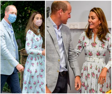 Prince William and Catherine visiting Barry Island, with both wearing masks and floral attire, smiling warmly.