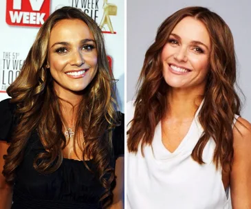 Two images of a smiling woman with long, wavy brown hair wearing a necklace and a white top.