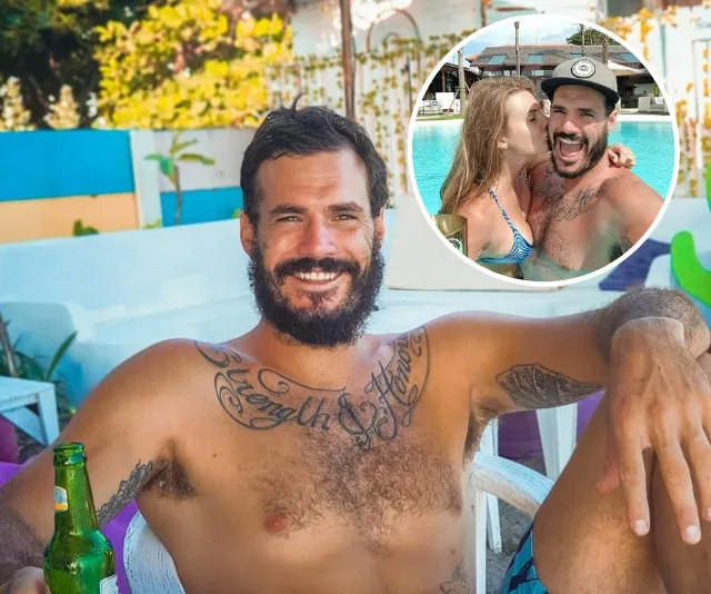 A man with tattoos smiles while seated outdoors; inset shows a woman kissing a man in a pool.