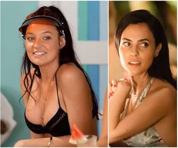 Women from "Bachelor in Paradise Australia" appear in swimwear; one wears a visor, the other gazes sideways, both in daylight.