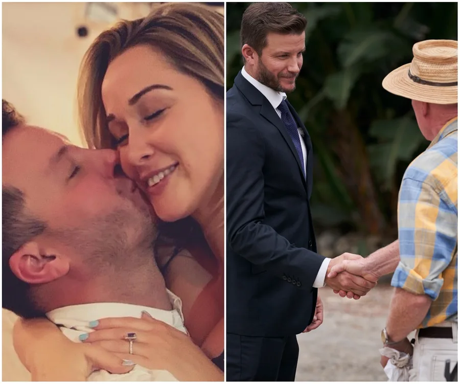 Romantic couple embracing on the left; man in suit shaking hands with another man outdoors on the right.