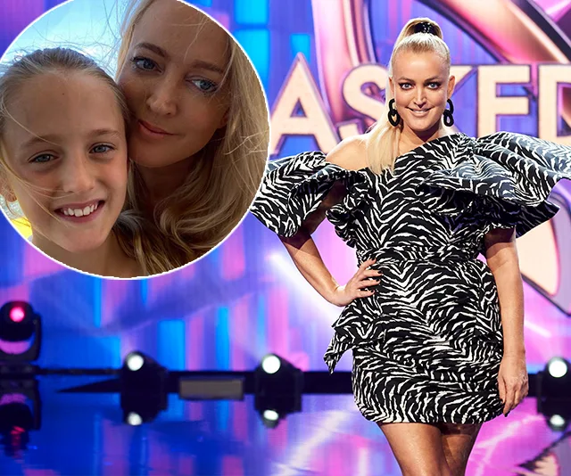 Zebra print dress woman poses on stage with inset photo of her and a young girl smiling.