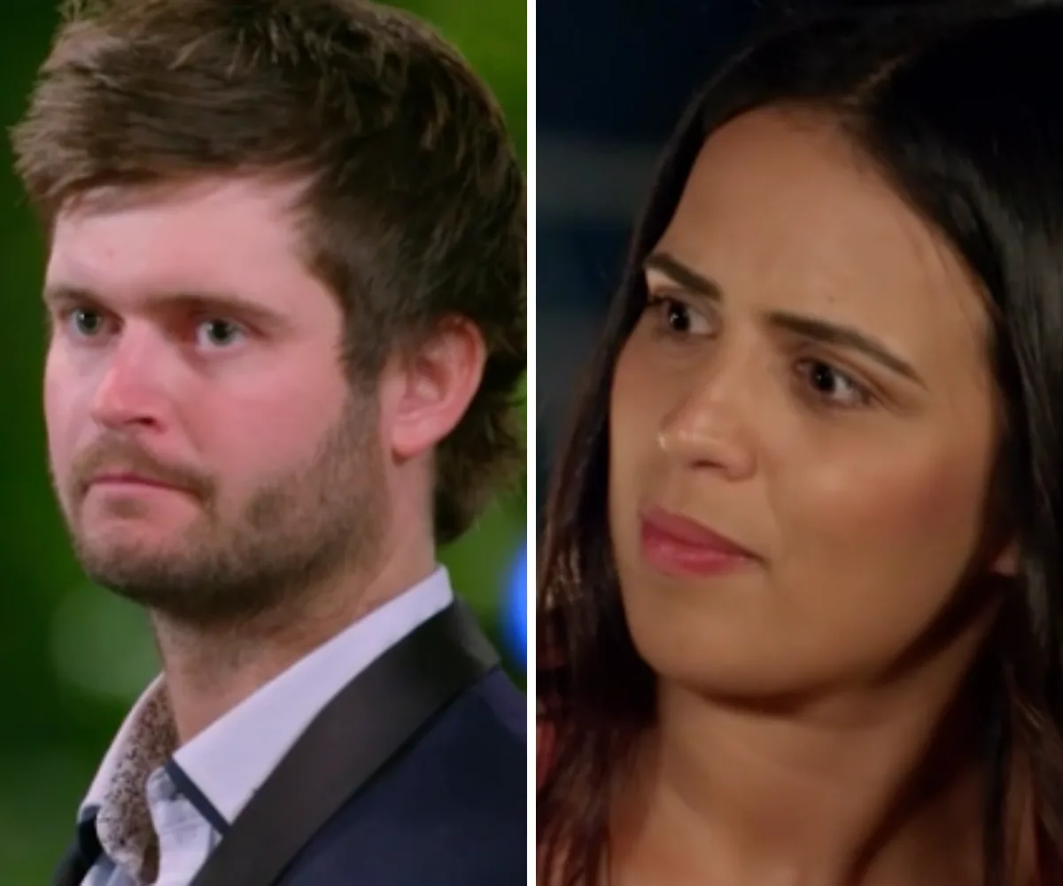 Two individuals from "Farmer Wants a Wife 2020" appear with serious expressions in a side-by-side image.