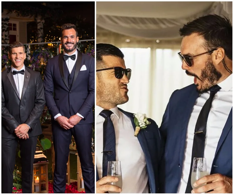Two formal events: Left, two men in tuxedos stand in front of greenery; Right, two men in suits and sunglasses celebrate with champagne.