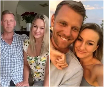 Couple sitting on sofa and smiling in one photo; embracing outdoors in another.