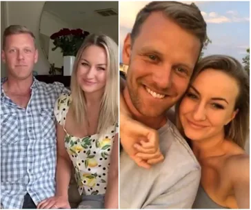 Couple sitting on sofa and smiling in one photo; embracing outdoors in another.