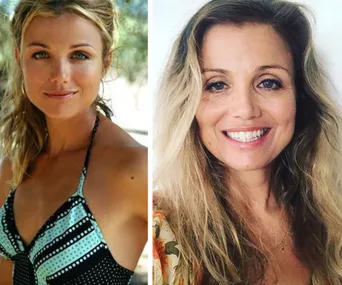"Two images of a woman: left in a polka dot swimsuit, right smiling in a floral top, with long blonde hair."