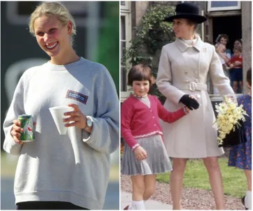Two young women, one in casual attire holding a cup, another in a coat and hat, holding a child’s hand and flowers.