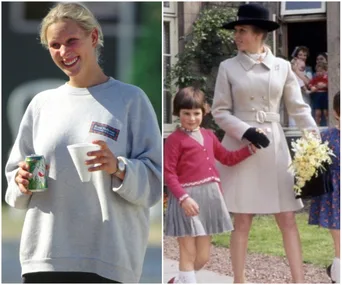Two young women, one in casual attire holding a cup, another in a coat and hat, holding a child’s hand and flowers.