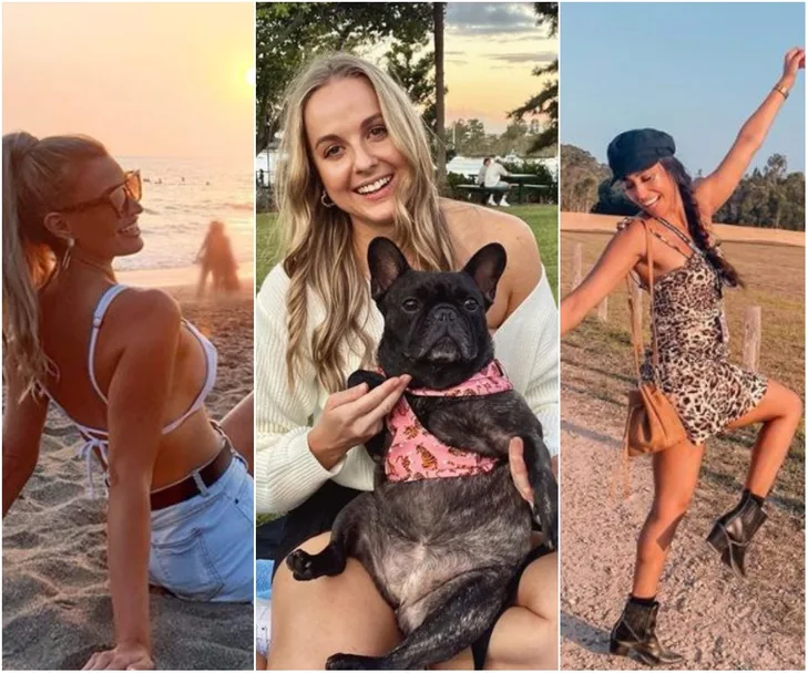 Women enjoying different outdoor settings: beach at sunset, park with a dog, and posing in a field.