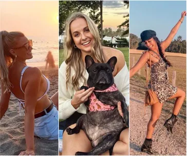 Women enjoying different outdoor settings: beach at sunset, park with a dog, and posing in a field.