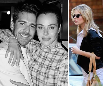 A black-and-white photo of a smiling pair hugging, alongside a woman in sunglasses holding a bag.