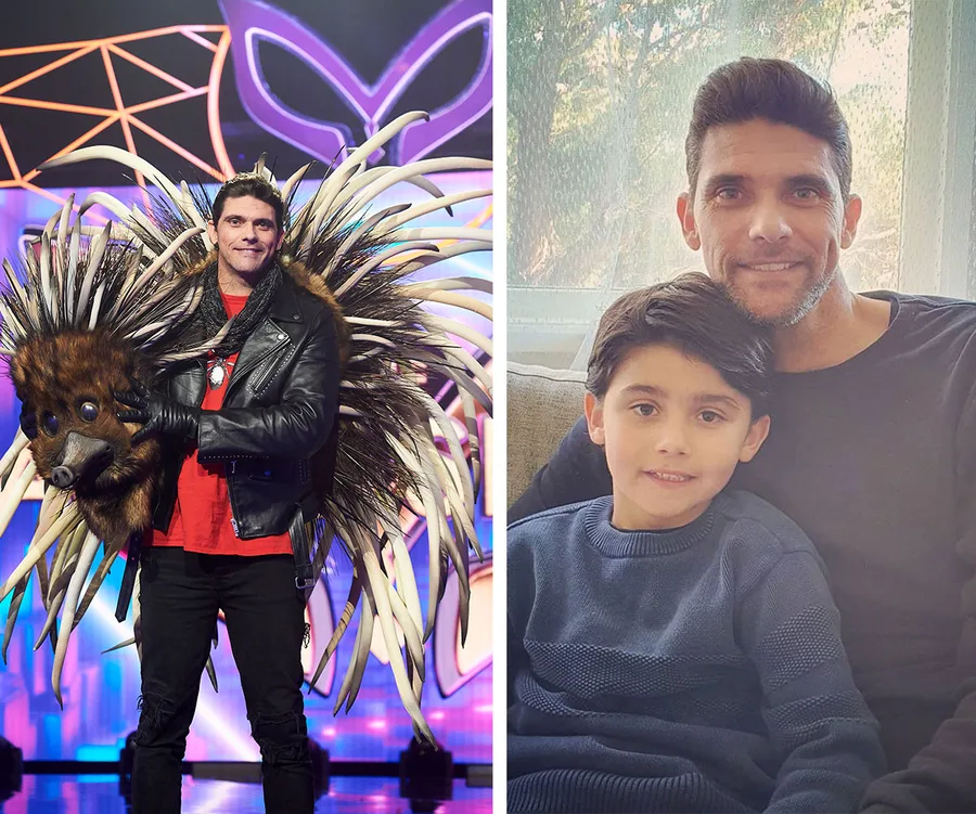 "Man in porcupine costume on stage; man with boy on couch in relaxed setting."