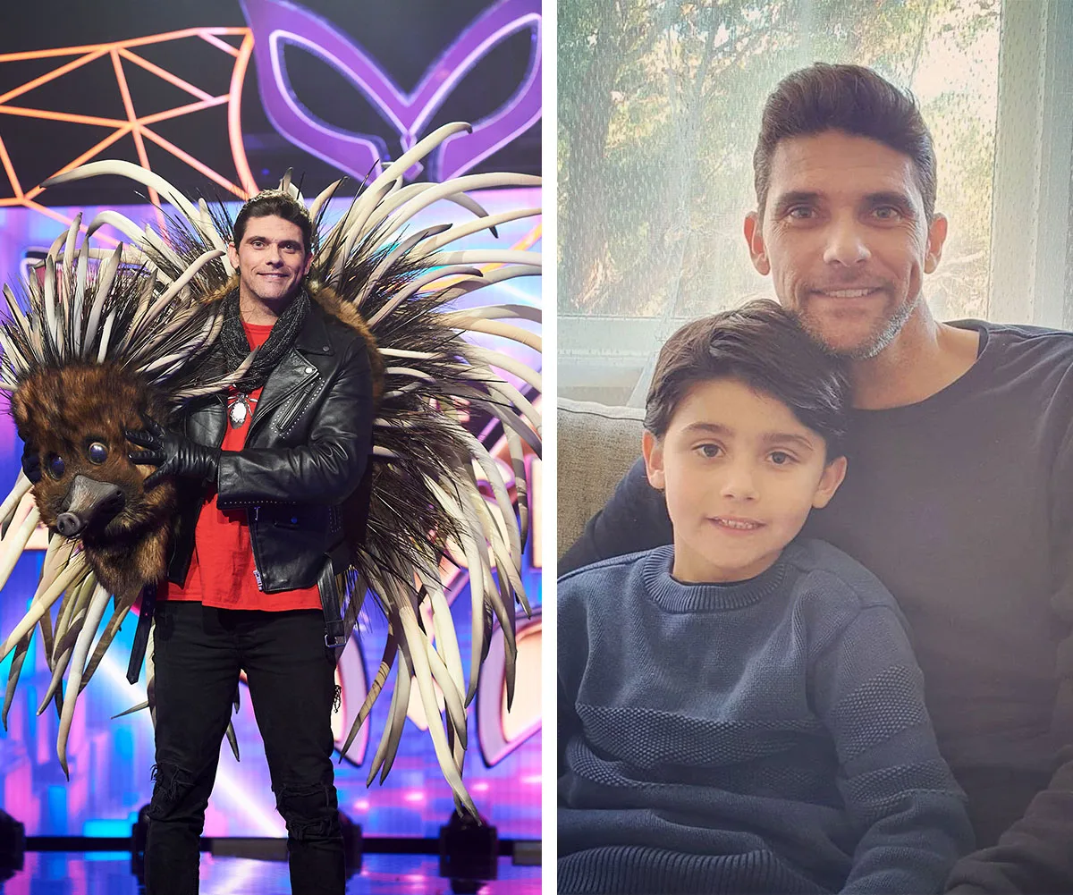 "Man in porcupine costume on stage; man with boy on couch in relaxed setting."