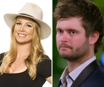 Two people: A smiling woman in a hat on the left and a serious man on the right, from "Farmer Wants A Wife Australia 2020".