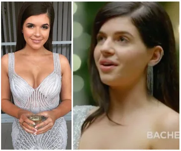 "Two images of a woman in a silver dress; one holding a drink, the other smiling during The Bachelor Australia 2020."
