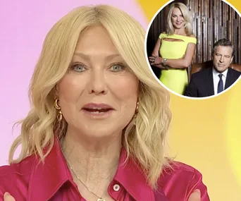 Kerri-Anne Kennerley in a pink top with an inset image of two people in formal attire in a circle above.