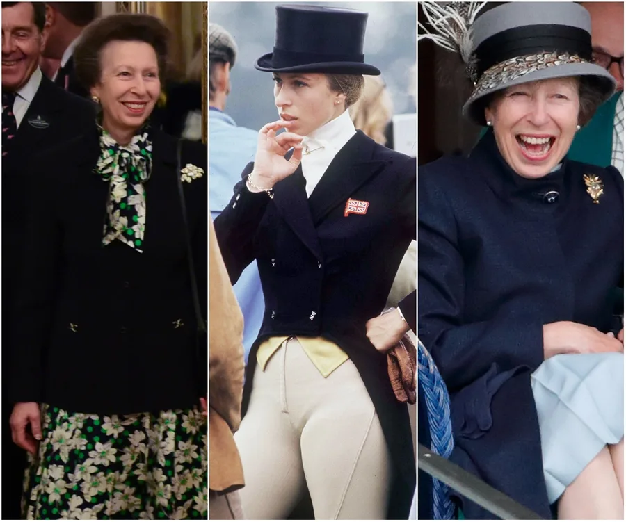 Princess Anne in three elegant outfits: floral dress, equestrian attire, and navy coat with hat, smiling in each.