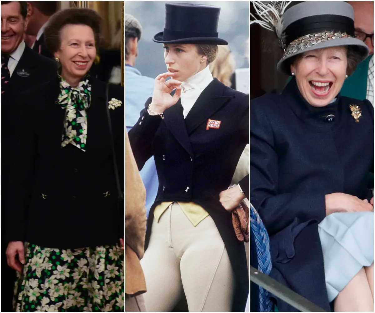 Princess Anne in three elegant outfits: floral dress, equestrian attire, and navy coat with hat, smiling in each.