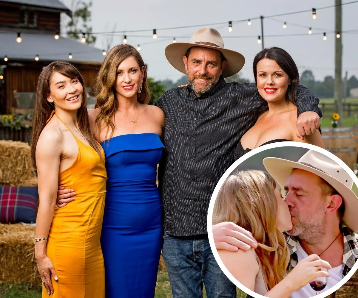 Farmer with contestants on a show, all smiling, inset shows a romantic kiss scene.