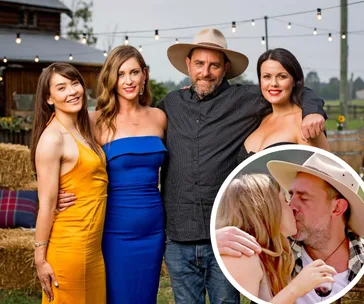 Farmer with contestants on a show, all smiling, inset shows a romantic kiss scene.