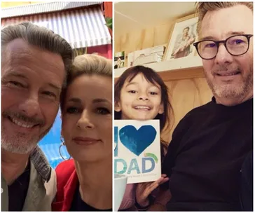 Barry Du Bois poses with a colleague and his child holding a "Love Dad" card, showing a heartfelt family moment.