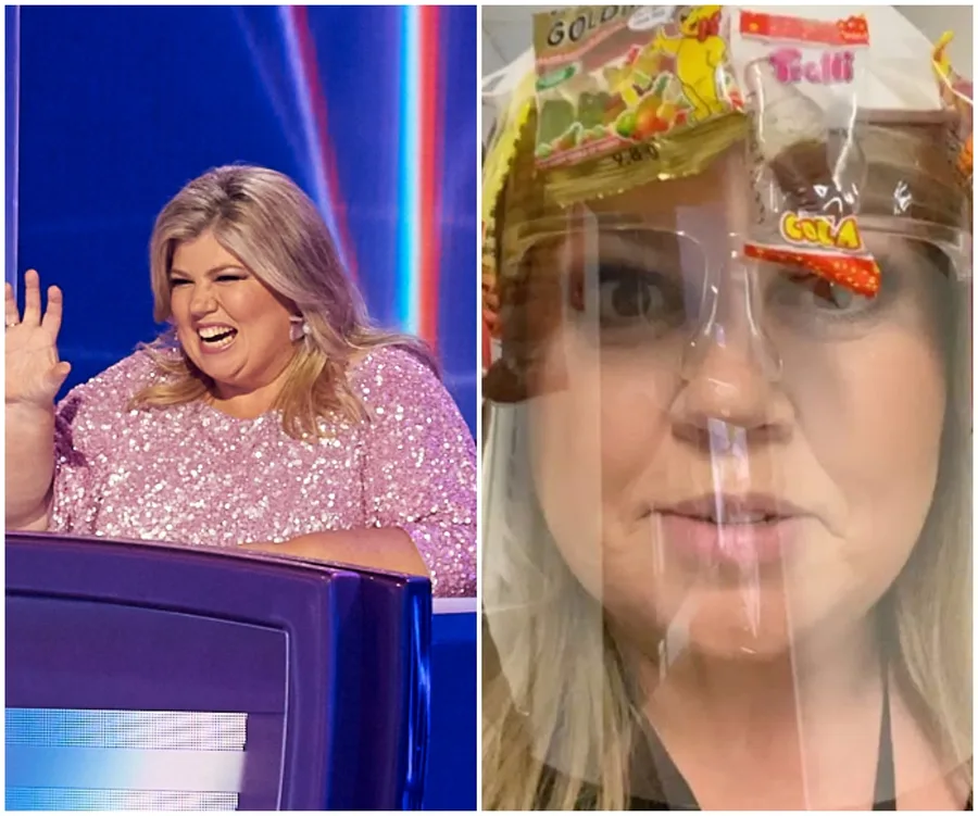 "Urzila Carlson on set of The Masked Singer in a pink sequined outfit; in another shot, with candy on a face shield."