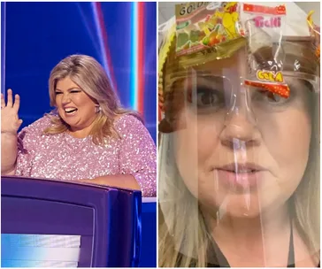 "Urzila Carlson on set of The Masked Singer in a pink sequined outfit; in another shot, with candy on a face shield."