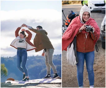 Couple dancing on a lookout; woman bundled in hoodie and blanket, holding a camera behind the scenes of "Home and Away."