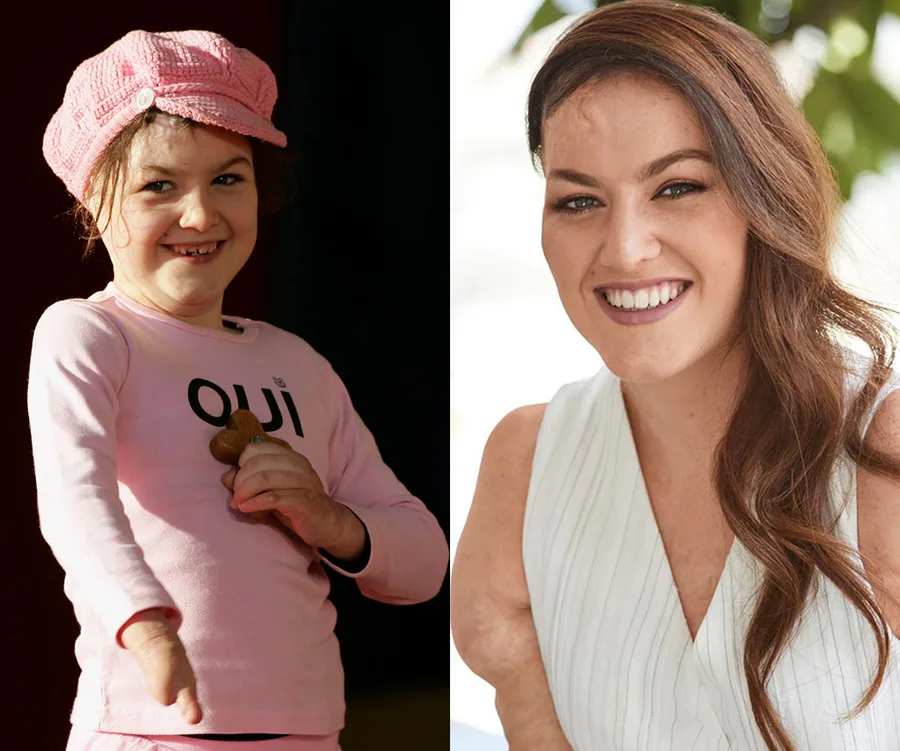 Child in a pink outfit and hat smiling on the left; woman smiling in a white top on the right.