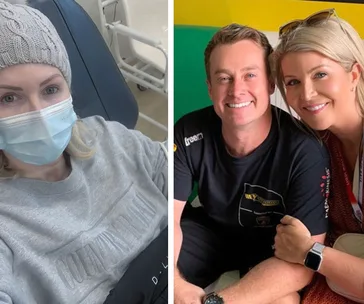 Woman in hospital wearing mask, gray beanie, and sweater; Couple smiling, man in black shirt, woman with sunglasses on head.