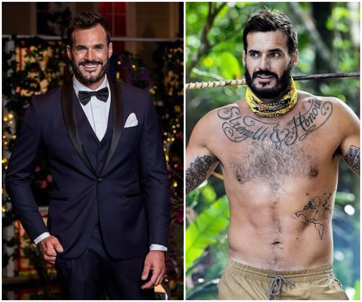 Man in formal suit smiling on the left; the same man shirtless with tattoos in a jungle setting on the right.