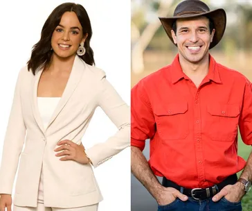 Alt text: "Woman in white suit and man in red shirt and cowboy hat smiling, outdoors background."