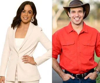 Alt text: "Woman in white suit and man in red shirt and cowboy hat smiling, outdoors background."