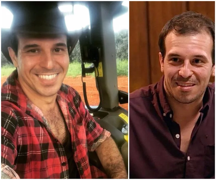 Two images of a smiling man; left in a plaid shirt and hat inside a vehicle, right in a dark shirt indoors.