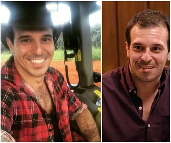 Two images of a smiling man; left in a plaid shirt and hat inside a vehicle, right in a dark shirt indoors.