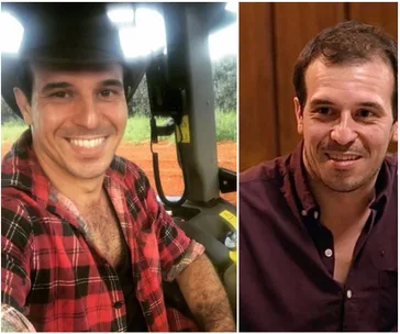 Two images of a smiling man; left in a plaid shirt and hat inside a vehicle, right in a dark shirt indoors.
