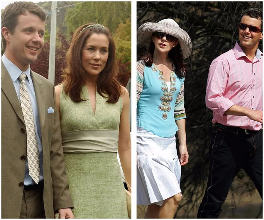 Two photos show a couple outdoors: one in formal attire, the other in casual outfits and sunglasses.