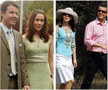 Two photos show a couple outdoors: one in formal attire, the other in casual outfits and sunglasses.