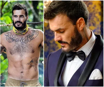 Two-image collage: Left, shirtless man with "Strength & Honour" chest tattoo; right, same man in tuxedo looking down.