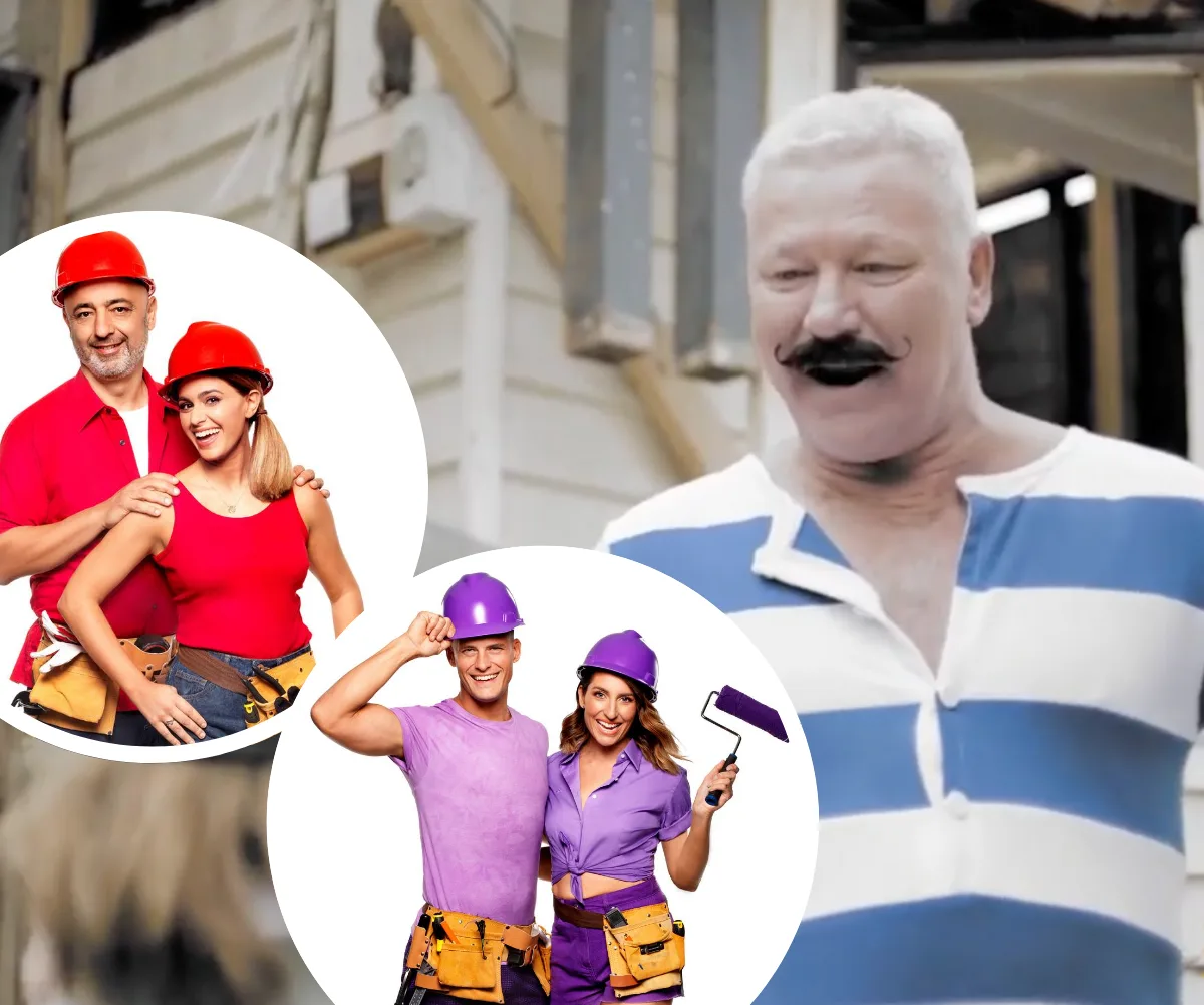 Three pairs of people in construction gear; background shows building materials and a man in a striped shirt with a mustache.