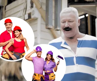 Three pairs of people in construction gear; background shows building materials and a man in a striped shirt with a mustache.